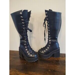 Platform Women combat boots punk gothic chunky High heel Mid calf Shoes Size 6.5